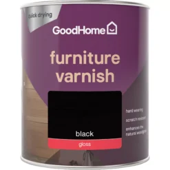 GoodHome Black Gloss Multi-surface Furniture Wood Varnish, 750ml -Garden - Landscaping Store goodhome black gloss multi surface furniture wood varnish 750ml5059340486932 02c