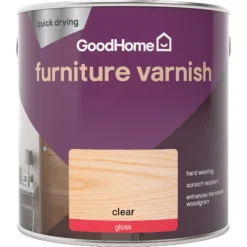 GoodHome Clear Gloss Multi-surface Furniture Wood Varnish, 2.5L -Garden - Landscaping Store goodhome clear gloss multi surface furniture wood varnish 2 5l5059340486611 02c