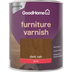 GoodHome Dark Oak Gloss Multi-surface Furniture Wood Varnish, 750ml -Garden - Landscaping Store goodhome dark oak gloss multi surface furniture wood varnish 750ml5059340486888 02c