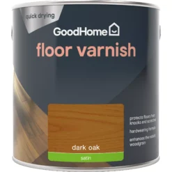 GoodHome Dark Oak Satin Floor Wood Varnish, 2.5L -Garden - Landscaping Store goodhome dark oak satin floor wood varnish 2 5l5059340486970 02c