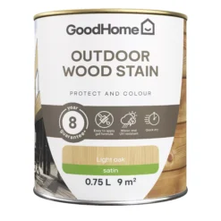 GoodHome Outdoor Light Oak Satin Quick Dry Wood Stain, 750ml -Garden - Landscaping Store goodhome outdoor light oak satin quick dry wood stain 750ml5059340297392 02c