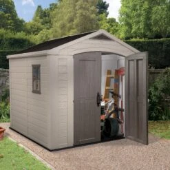 Keter Factor 8x8 Apex Beige Plastic Shed With Floor -Garden - Landscaping Store keter factor 8x8 apex beige plastic shed with floor7290103664954 02bq