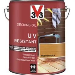 V33 Medium Oak UV Resistant Decking Wood Oil, 5L -Garden - Landscaping Store v33 medium oak uv resistant decking wood oil 5l3153895163101 08c bq