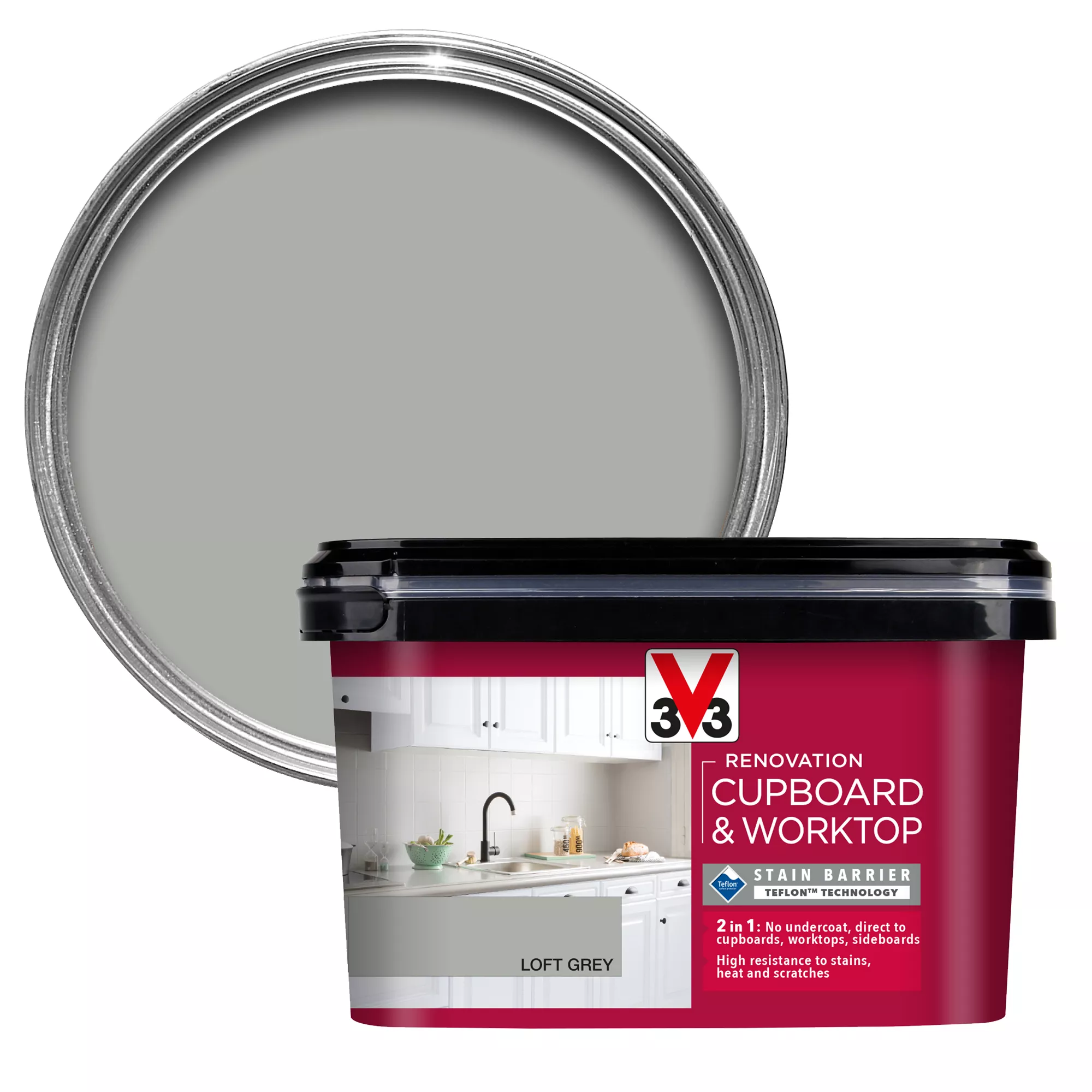 V33 Renovation Loft Grey Satinwood Cupboard & Cabinet Paint, 2L 3 V33 Renovation Loft Grey Satinwood Cupboard & Cabinet Paint, 2L