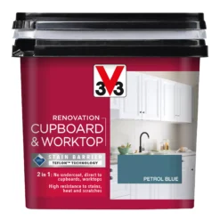 V33 Renovation Petrol Blue Satinwood Cupboard & Cabinet Paint, 750ml -Garden - Landscaping Store v33 renovation petrol blue satinwood cupboard cabinet paint 750ml3153895181006 08c bq