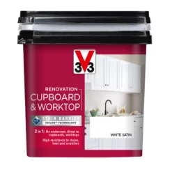 V33 Renovation White Satinwood Cupboard & Cabinet Paint, 750ml -Garden - Landscaping Store v33 renovation white satinwood cupboard cabinet paint 750ml3153895180955 08c bq